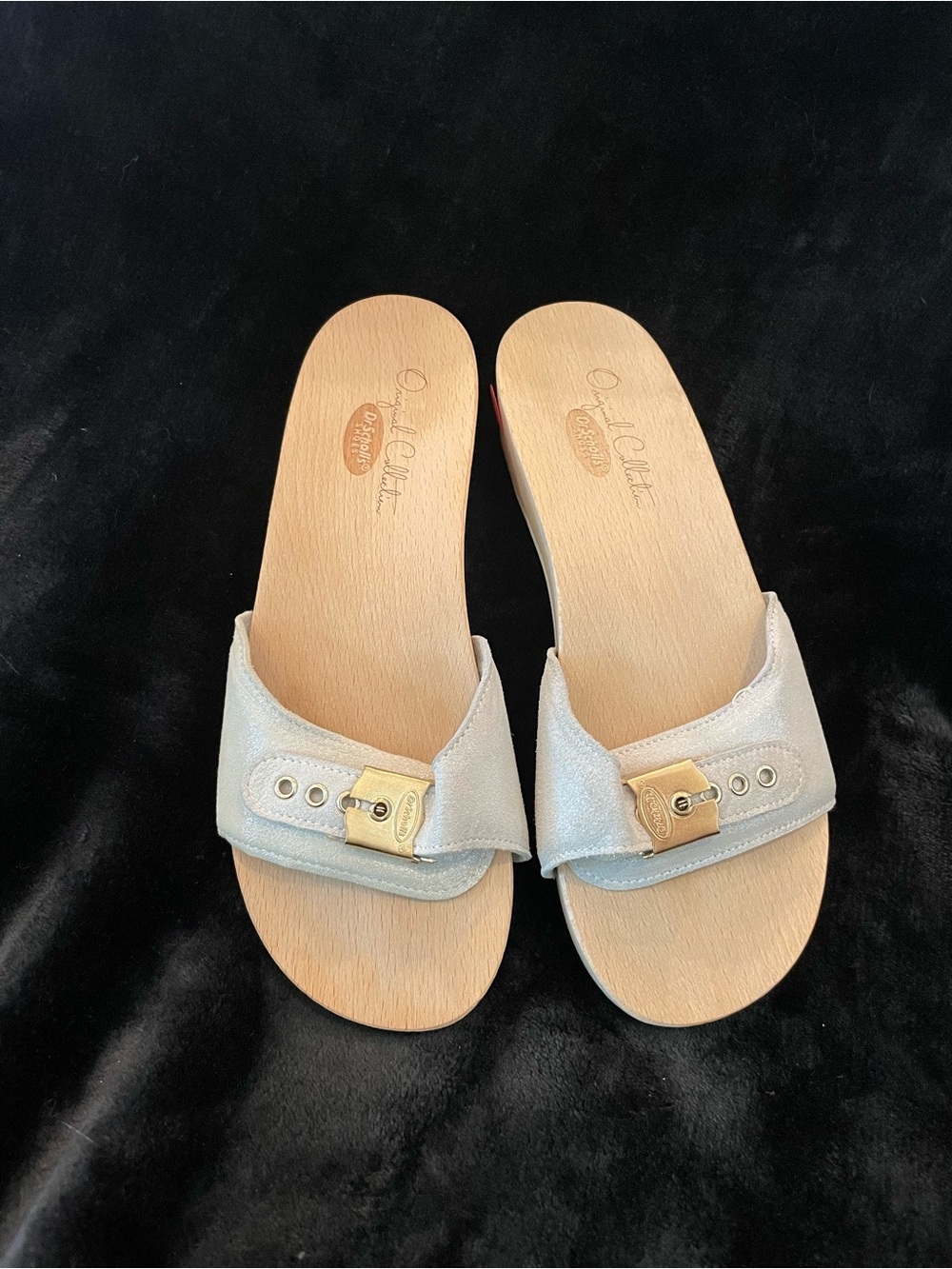 Dr. Scholl's Metallic white Slide Mules with Gold Buckle